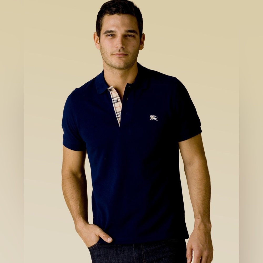 Burberry Brit Navy Blue men's check placket pique polo shirt size XL